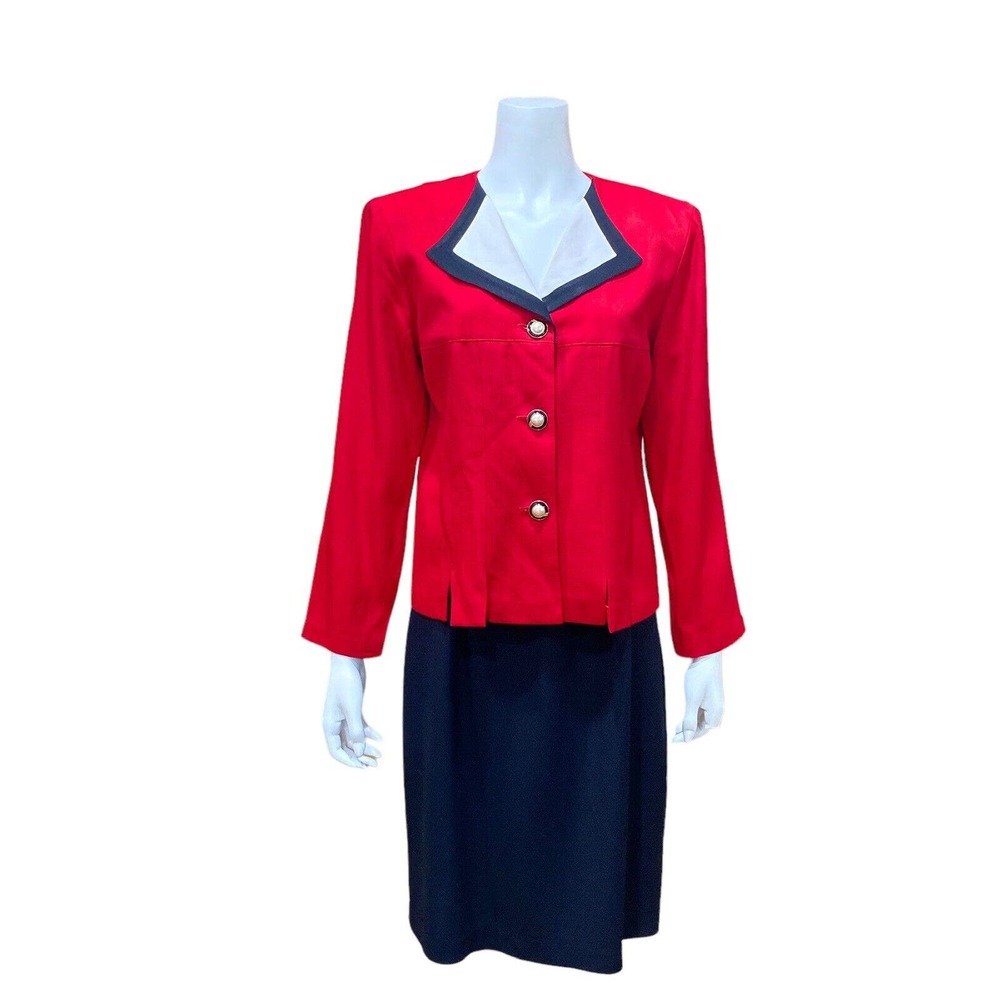 Vintage Skirt Suit Set Sz 12 Red Black White Pearl Buttons